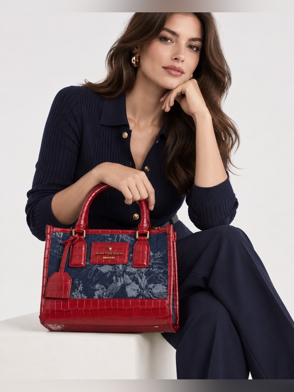 Kurt Geiger Red Croc Denim Floral Structured Tote Bag